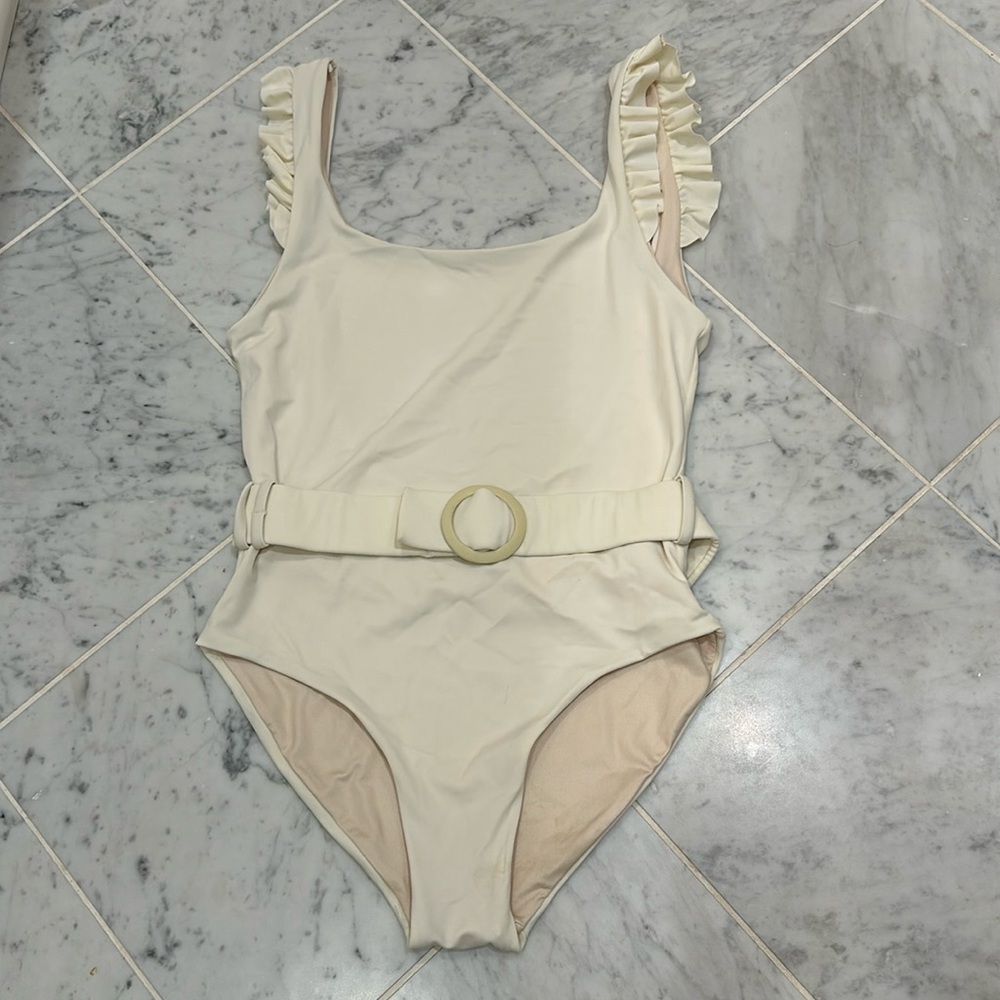 Agua Benita white cream belted one piece swim suit M